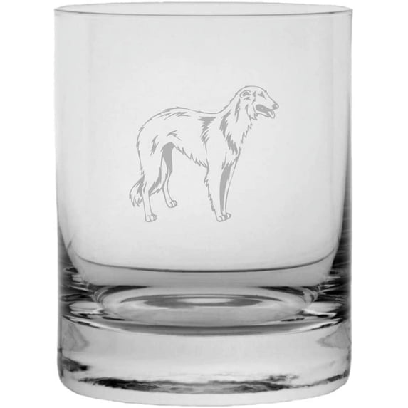 BORZOI Dog Themed Etched 10.25oz Crystal Rocks Whisky Glass
