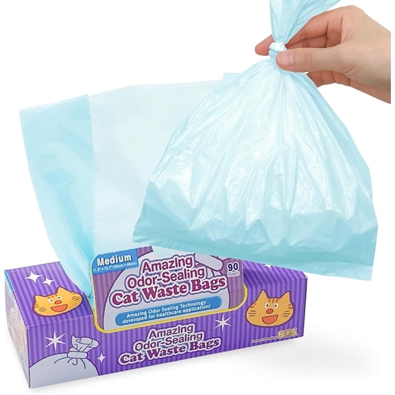 BOS Amazing Odor Sealing Cat Waste Disposal Bags - Durable and Unscented [Size: M, Color: Light blue] (90 count, Pack of 1) Bags)