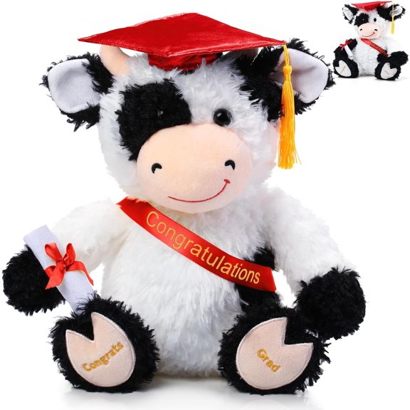 BOSALY 10" Graduation Cow Stuffed Animals with Diploma, Hat & Sash, Bachelor Cow Stuffed Animals for High School & College Graduation Gifts, Commemorative Keepsake for Friends (Red)