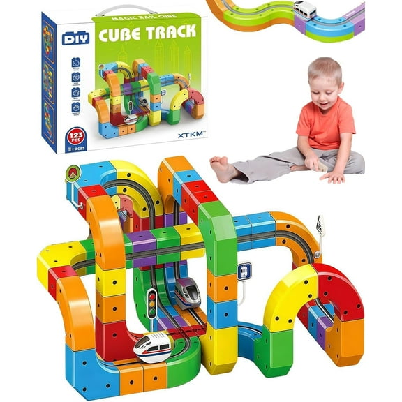BOSALY 123Pcs Electric Train Set, Rail Cube Magnetic Monorail 3D Magnetic Gravity-Defying Building Toy, Montessori Train Track Set for Toddlers STEM Car Toy Set for Kids Games, Xmas Gifts