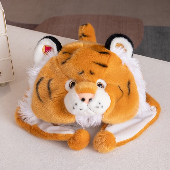BOSALY 15.7" Tiger Plush Hat with Earflaps, Soft Faux Fur Animal Hat for Winter, Fashionable Tiger Headpiece for Cosplay & Skiing, Lovely Winter Decorations for Outdoor Snowing Gifts Holidays