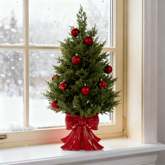 BOSALY 2FT Artificial Christmas Cedar Tree with Bow Base, Realistic Mini Christmas Tree with Christmas Balls, Indoor Christmas Decorations for Table Room Porch, Christmas Home Decors (Red)
