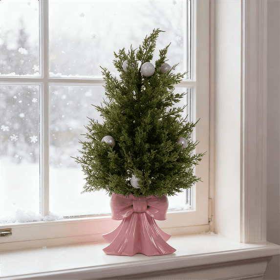 BOSALY 2FT Artificial Christmas Cedar Tree with Bow Base, Realistic Mini Christmas Tree with Christmas Balls, Indoor Christmas Decorations for Table Room Porch, Christmas Home Decors (Pink)
