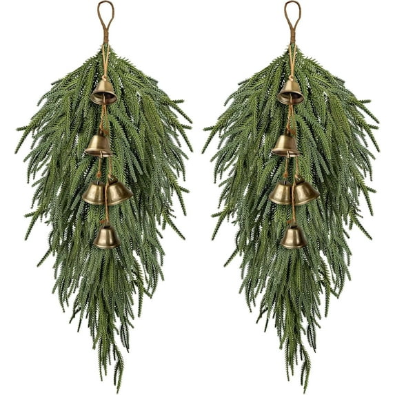 BOSALY 2pc Christmas Swag with Bell , 27.5" Norfolk Pine Teardrop Swag, Christmas Teardrop Wreath for Front Door, Christmas Decorations Indoor, Home Decor for Window Mantle Fireplace Wall Stair