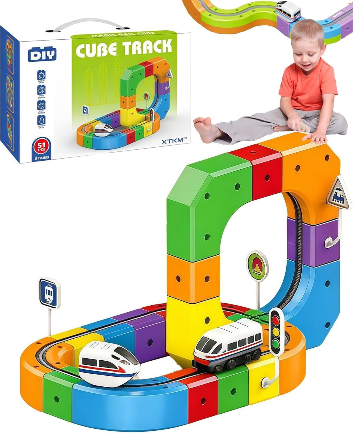 BOSALY 51Pcs Electric Train Set, Rail Cube Magnetic Monorail 3D ...