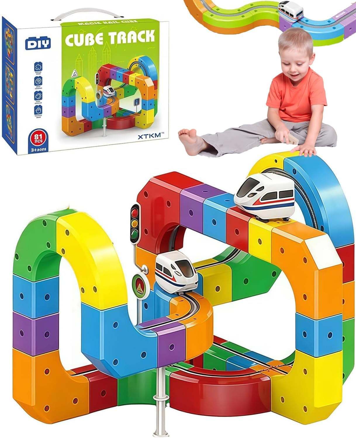 BOSALY 81Pcs Electric Train Set, Rail Cube Magnetic Monorail 3D ...