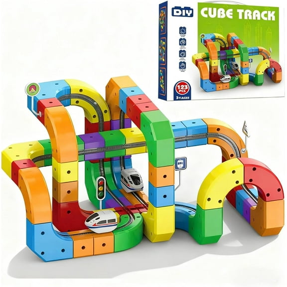 BOSALY Electric Train Set, 3D Magnetic Building Cube with Interlocking Tracks, Magnetic Train Track with USB Charging Motorized Train, STEM Educational Christmas Gifts, Fine Motor Skills (123PCS)