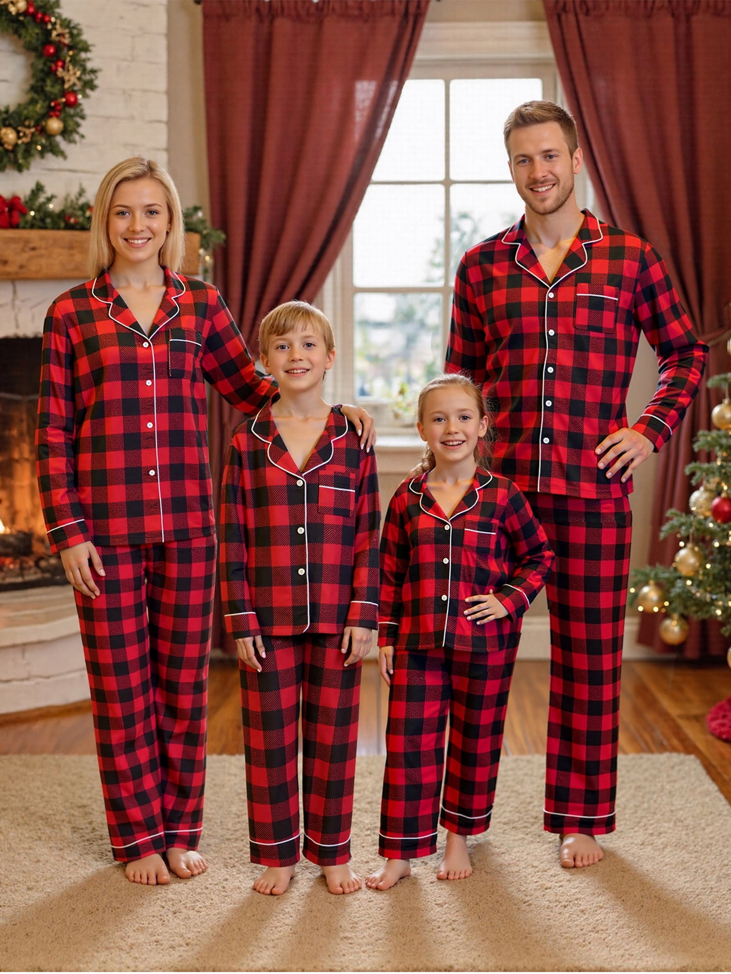 BOSALY Plaid Matching Christmas Pajamas for Family, Long Sleeve Shirt ...