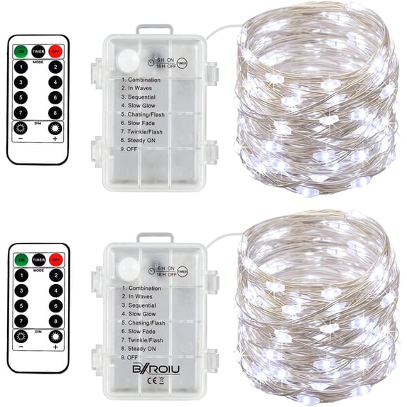 BOSAN 2PCS Fairy Lights Indoor Outdoor Battery Operated, Silver Wire 8 Mode 16Ft 50 LEDs Timer Christmas String Lights with Remote for Tree Bedroom Party Wedding Decoration (Cool White)