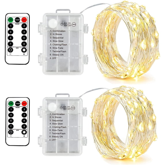BOSAN 2PCS Fairy Lights Indoor Outdoor Battery Operated, Silver Wire 8 Mode 16Ft 50 LEDs Timer Christmas String Lights with Remote for Tree Bedroom Party Wedding Decoration (Warm White)