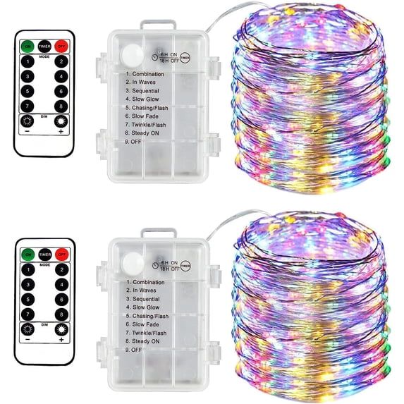 BOSAN 2PCS Fairy Lights Indoor Outdoor Battery Operated, Silver Wire 8 Mode 16Ft 50 LEDs Timer Christmas String Lights with Remote for Tree Bedroom Party Wedding Decoration (Multicolor)