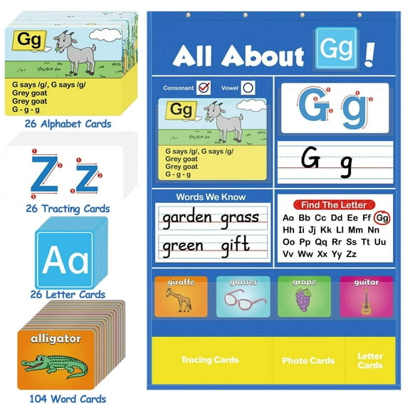 BOSCEAE ABC Learning Pocket Chart - Alphabet Wall Chart with Flash Cards - Preschool & Kindergarten Classroom Must Haves - Letter Recognition Teaching Tool