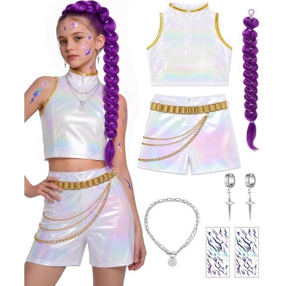 BOSCEAE G'irl's Costume Pop Singer Costume K'id's Cosplay Outfit with Purple Braid Tattoo for Birthday Party