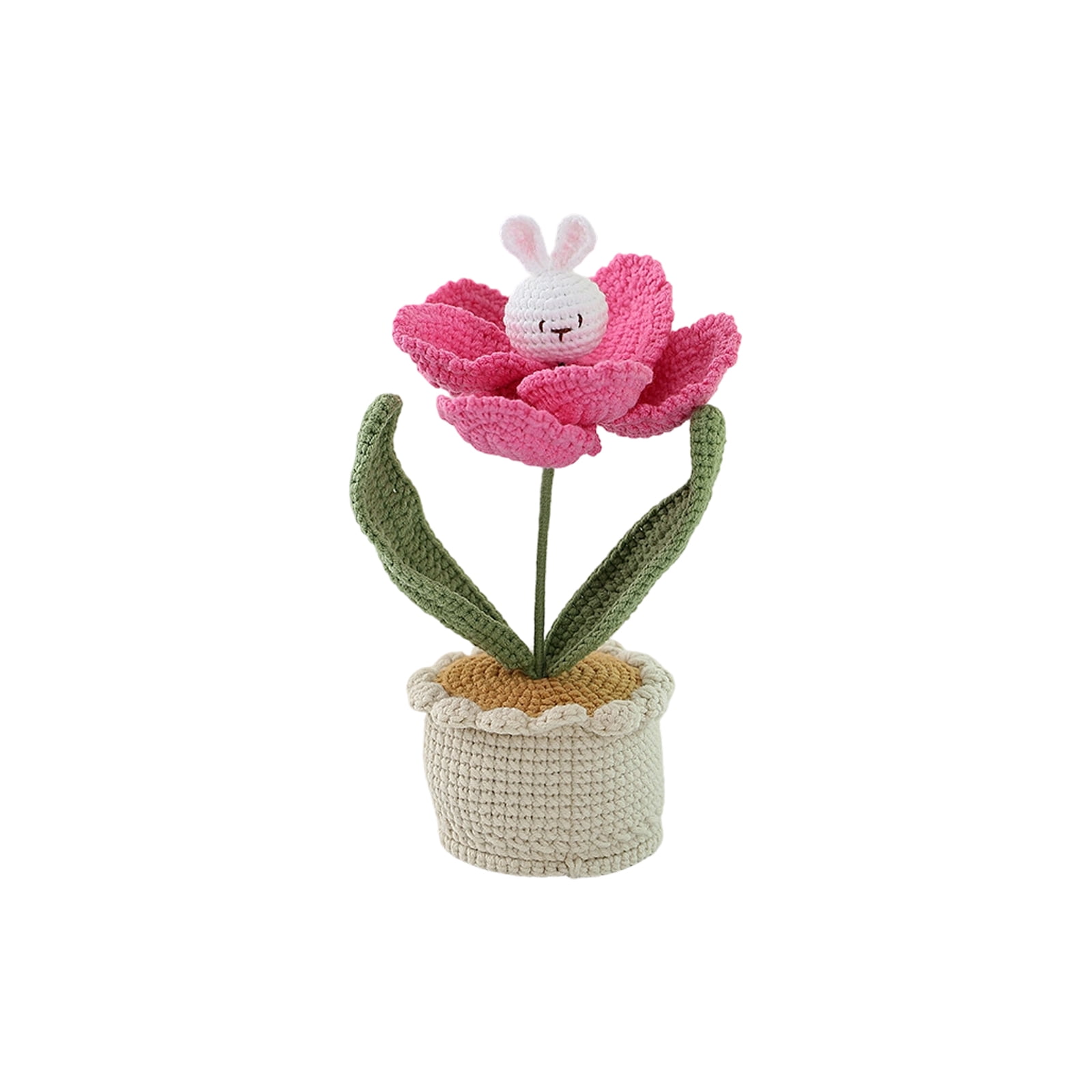 BOSCEAE Handmade Crocheted Bunny & Tulip Pot, Artificial Everlasting ...