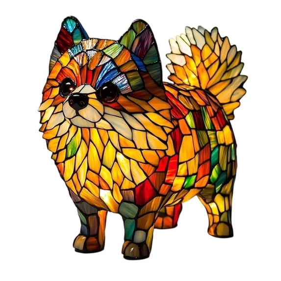 BOSCEAE Pomeranian Lamp,Pomeranian Lamps Stained Glass,Dog Series Art Night Light,Pet Pug Dog Themed Led Table Light,Fun Gift For Dogs Lovers(Button Battery Model)