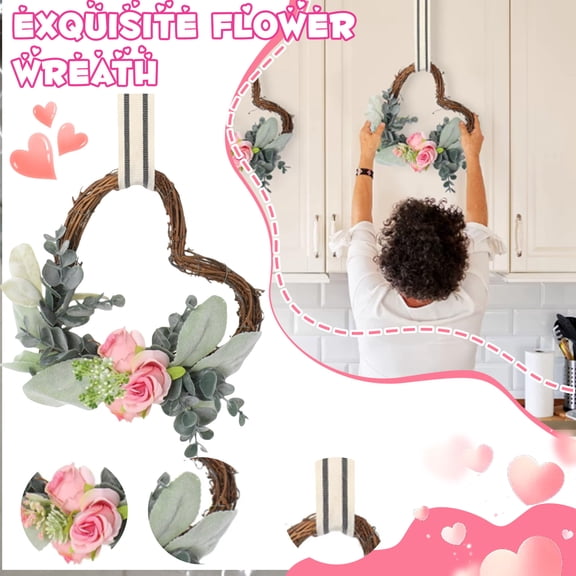 BOSCEAE Valentine's Day Artificial Wreath, Spring Fake Flower Door Decoration, Heart-Shaped Faux Floral Garland for Entryway & Home Accent, Romantic Holiday Decor