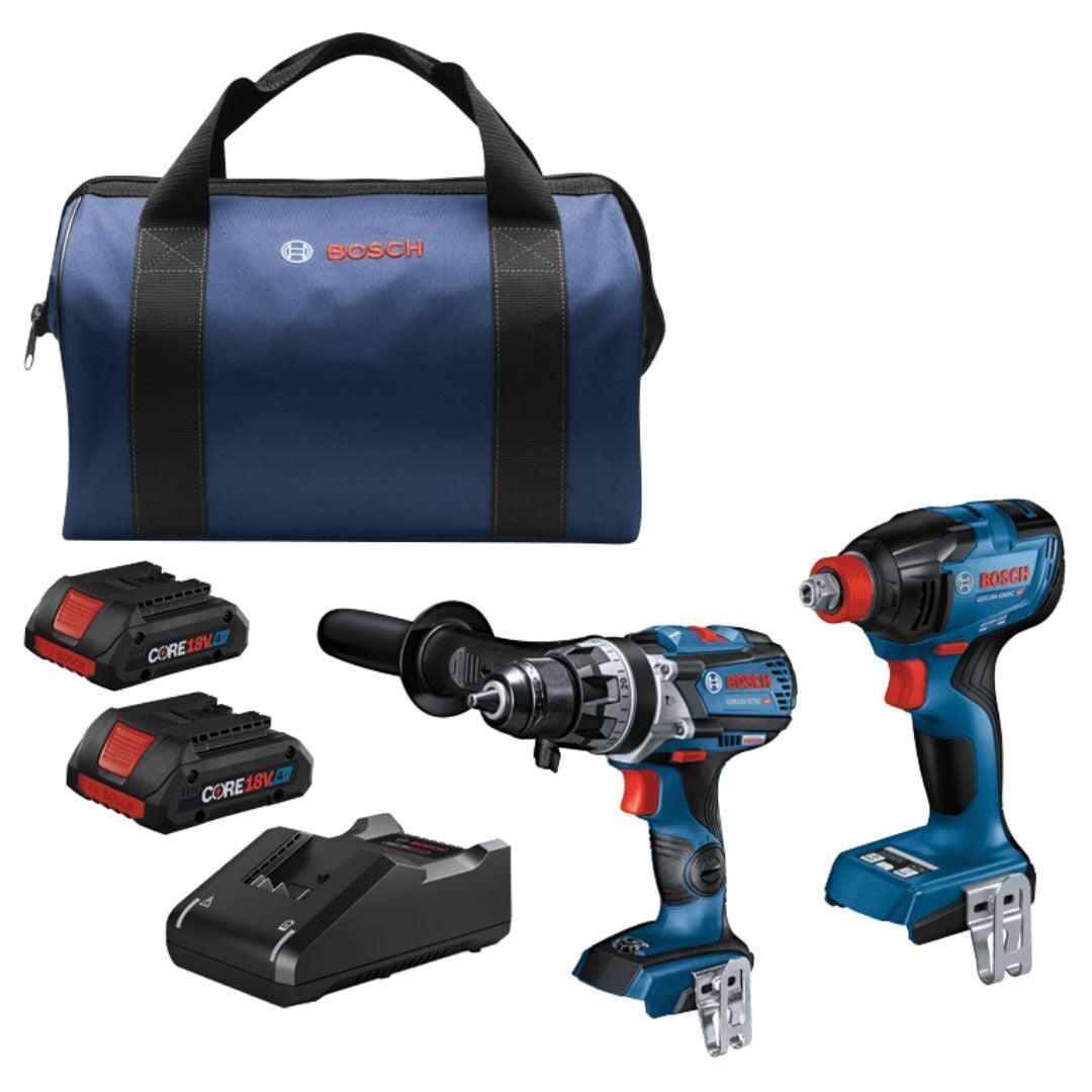 BOSCH GXL18V-227B25 18V 2-Tool Combo Kit with Connected-Ready Two-In-One 1/4 In. Bit/Socket Impact Driver/Wrench, 1/2 In. Hammer Drill/Driver and (2) CORE18V 4 Ah Advanced Power Batteries