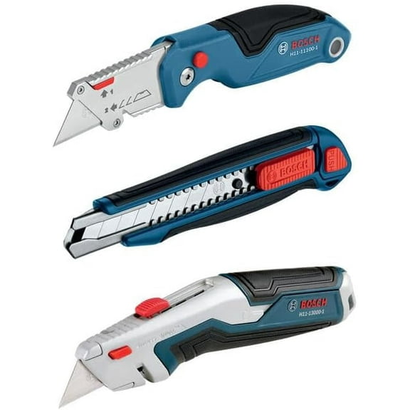 BOSCH H11-14200-1 3-Piece Utility Knife Set | Folding, Snap-Off, and Retractable Knives with Robust Design, Integrated Blade Storage - Includes 7 Blades