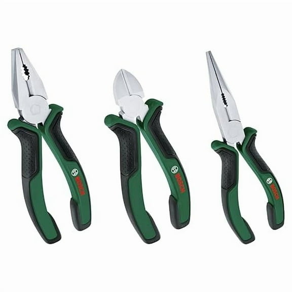 BOSCH Home and Garden 3-Piece Pliers Set Ergonomic Combination, Diagonal, and Long-Nose Pliers with a Long-Lasting Chrome-Nickel Coating