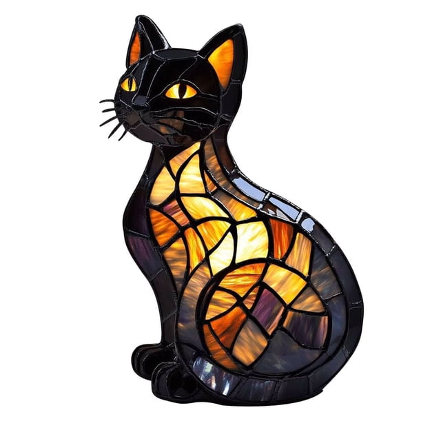 Stained Glass Cat Lamp – Retro Resin Tabletop Night Light, 3D Cute Pet LED Lamp, Perfect Gift For Cat Lovers & Pet Owners