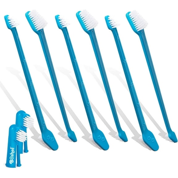 BOSHEL Dog Dental Care Set – 8 Pack, 6 Long-Handled & 2 Finger Brushes, Double-Sided