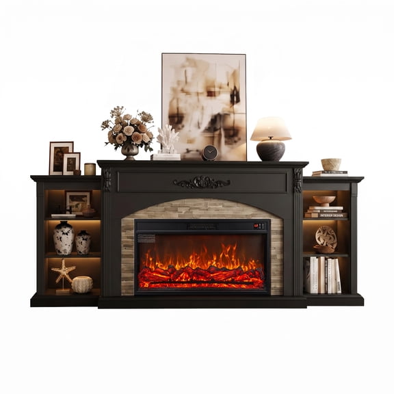 BOSHIRO 100" Electric Fireplace with Mantel and Cabinets, Fireplace TV Stand with 42" Insert Heater, LED Light Power Outlet for Living Room, Black