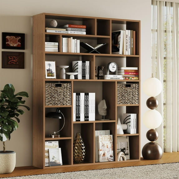 BOSHIRO 16-Cube Modern Bookcase, 6-Tier Open Bookshelf with Baskets, 71” Tall Storage Display Shelf for Bedroom & Living Room, Oak
