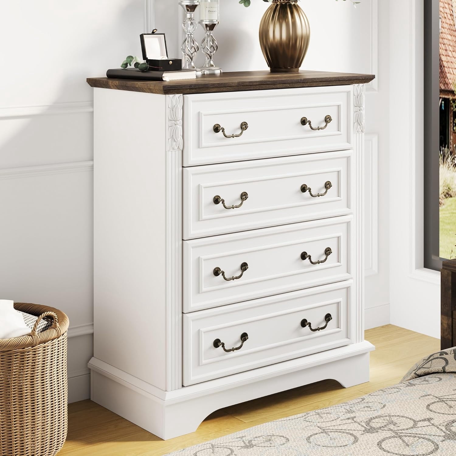 BOSHIRO 4-Drawer Dresser for Bedroom, Farmhouse Carved Storage Chest  Organizer with Brown Top, Antique White Finish