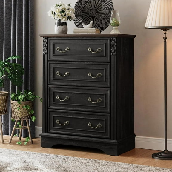 BOSHIRO 4-Drawer Dresser for Bedroom, Farmhouse Carved Storage Chest Organizer with Brown Top, Black Finish