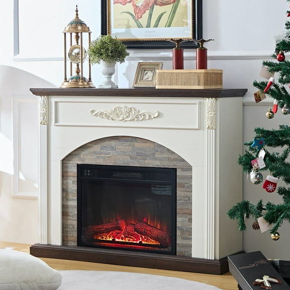 BOSHIRO 44" Electric Fireplace with Mantel, Carved Pilasters & Stacked Stone Surround, Freestanding Fireplace Heater with 23" Insert, LED Flame & Remote, White and Brown Classic Design