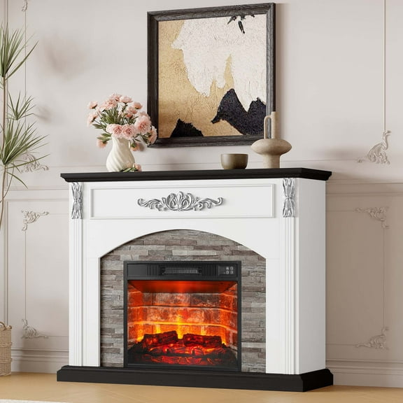 BOSHIRO 44 Inch Electric Fireplace with Mantel, Stacked Stone Surround, Farmhouse Fireplace Heater, Modern Living Room TV Stand Accent Furniture, 23" Red Brick Fireplace Insert with Remote Control, W