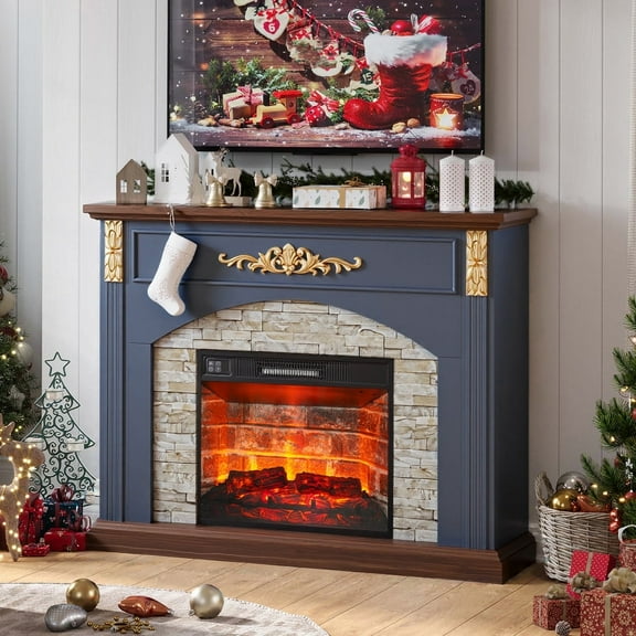 BOSHIRO 44 Inch Electric Fireplace with Mantel, Blue Wooden Surround with Gold Accents, 23" Red Brick Insert, Remote & Touch Control, Heats 400 Sq Ft
