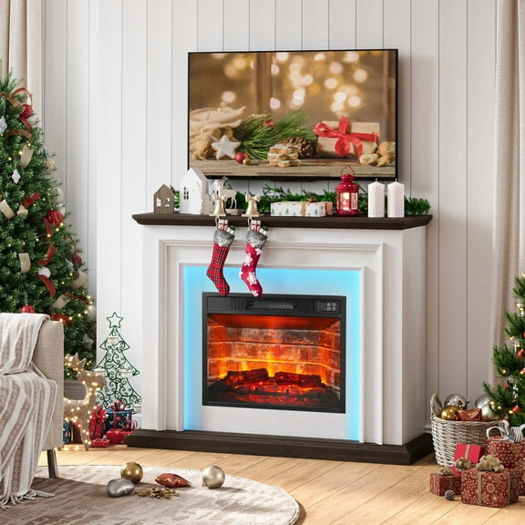 BOSHIRO 44-Inch Freestanding Electric Fireplace Heater with Mantel, Realistic LED Flame, Remote & Touch Control, 1400W, White & Brown