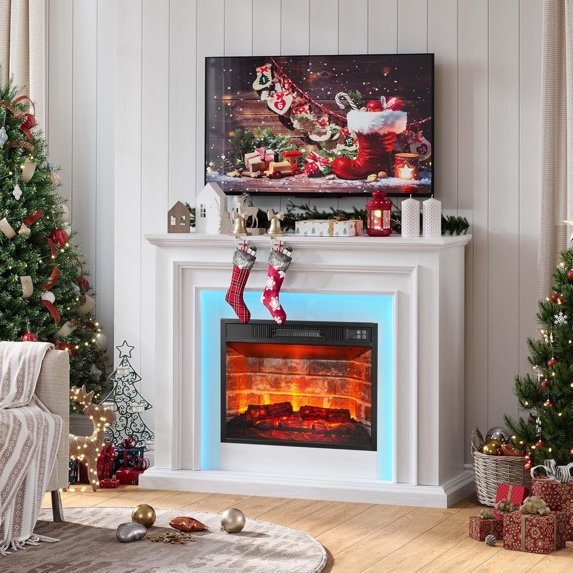 BOSHIRO 44" LED Electric Fireplace with Mantel, White Entertainment Center with 23" Red Brick Insert for Living Room or Bedroom