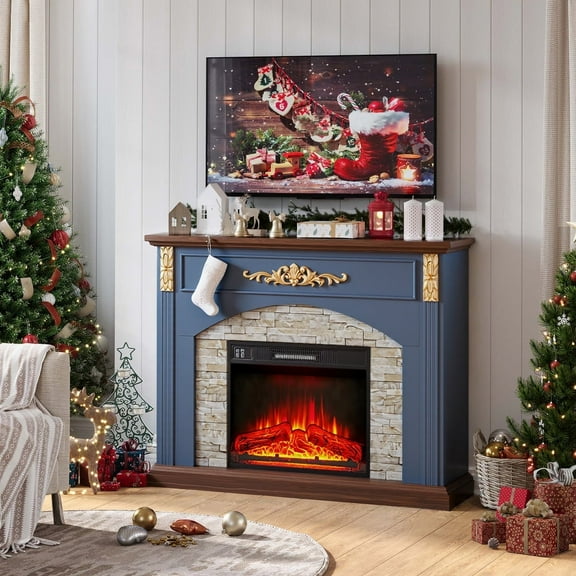 BOSHIRO 44" Mist Blue Electric Fireplace Mantel with 23" Fireplace Insert, LED Flame & 1400W Heater, Corner TV Stand for Living Room or Bedroom