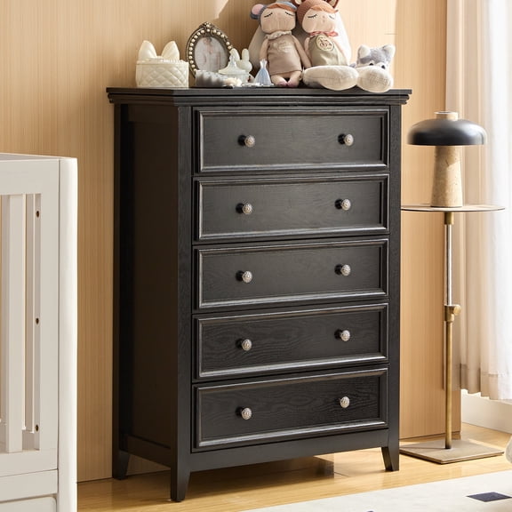 BOSHIRO 5 Drawer Dresser for Bedroom, Wood Drawer Organizer with Metal Knobs, Large Capacity Wood Cabinet for Bedroom, Office, Closets