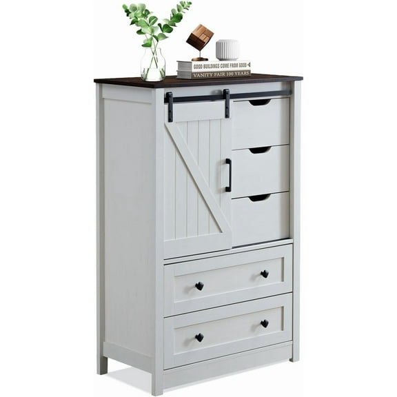 BOSHIRO 5-Drawer Sliding Barn Door Dresser, Antique White with Dark Brown Top, Farmhouse Tall Chest for Bedroom and Living Room