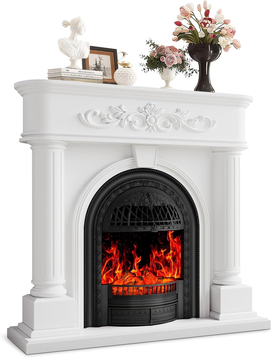 BOSHIRO 50” Electric Fireplace with Mantel, Solid Wood Roman Column TV Stand with Birdcage Heater Insert, Fireplace for Living Room, Bedroom & Entryway