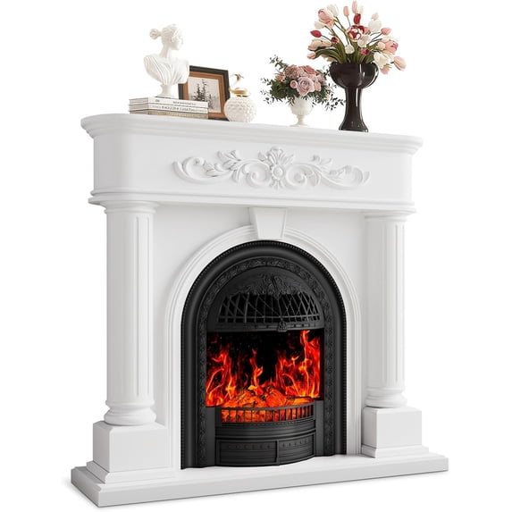 BOSHIRO 50” Electric Fireplace with Mantel, Solid Wood Roman Column TV Stand with Birdcage Heater Insert, Fireplace for Living Room, Bedroom & Entryway