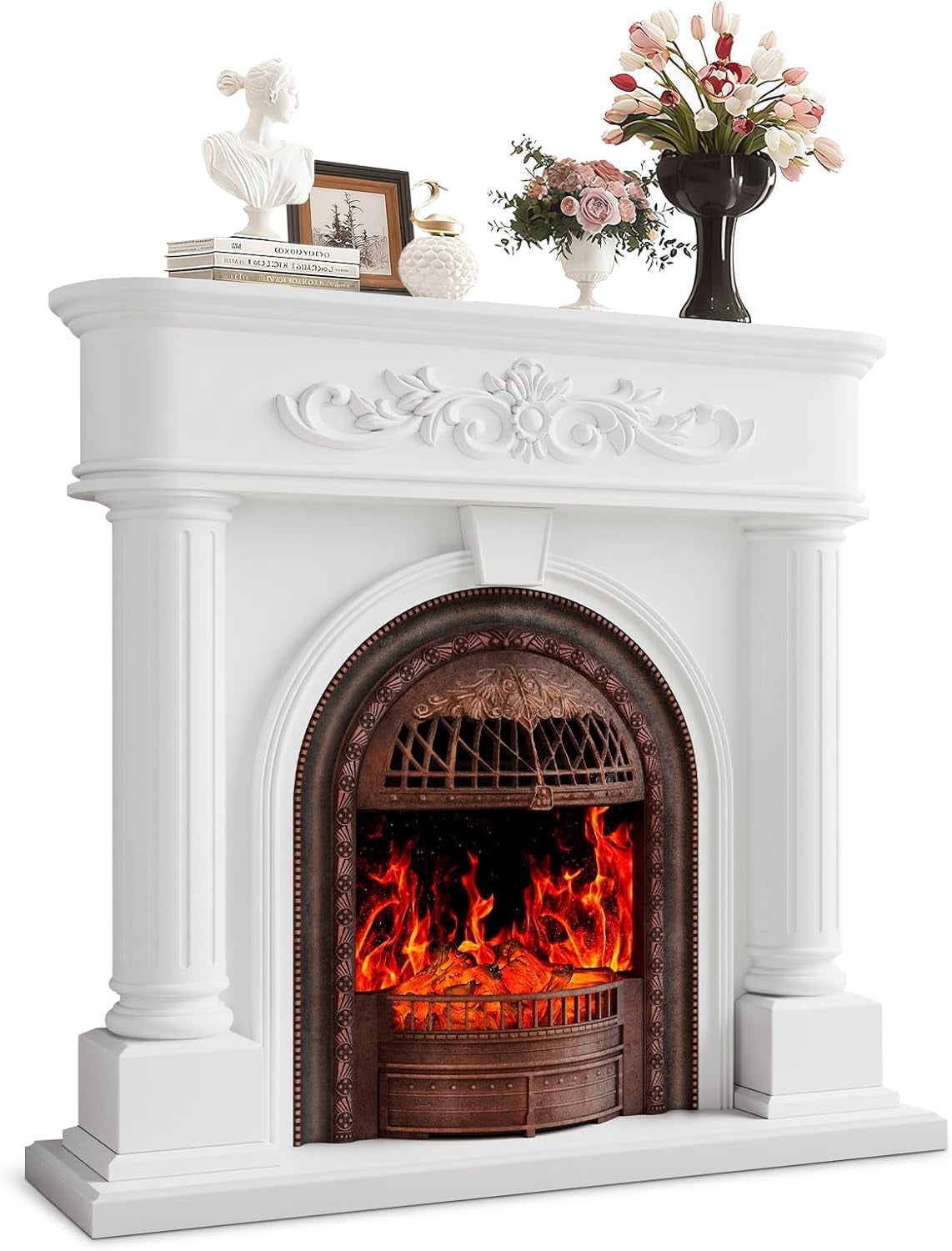 BOSHIRO 50” Electric Fireplace with Mantel, Solid Wood TV Stand with Fireplace for Living Room, Bedroom & Entryway