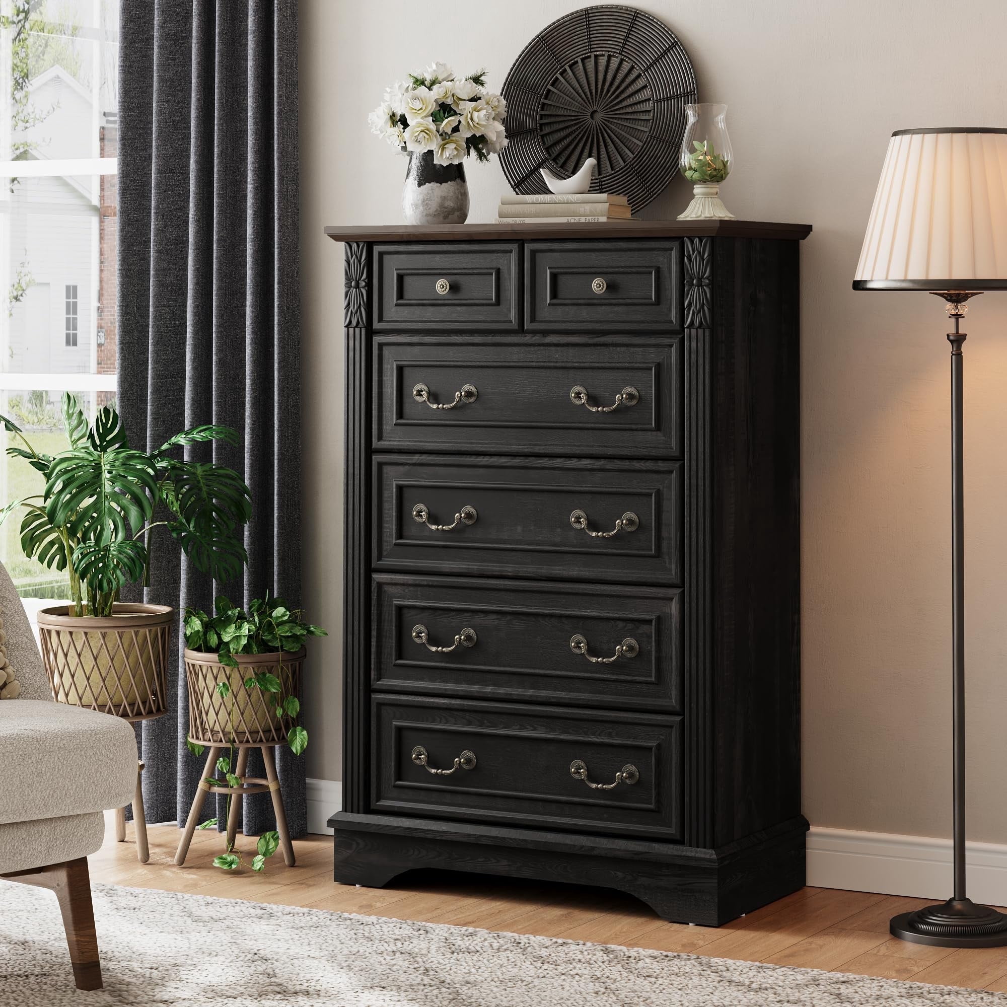 BOSHIRO 6-Drawer Carved Dresser for Bedroom, Tall Farmhouse Storage Chest with Antique Brass Handles, Black Finish