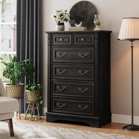 BOSHIRO 6-Drawer Carved Dresser for Bedroom, Tall Farmhouse Storage Chest with Antique Brass Handles, Black
