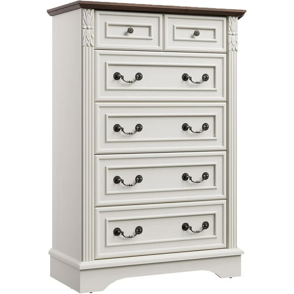 BOSHIRO 6-Drawer Dresser for Bedroom, Tall Farmhouse Carved Storage Chest Organizer with Brown Top, Antique White Finish
