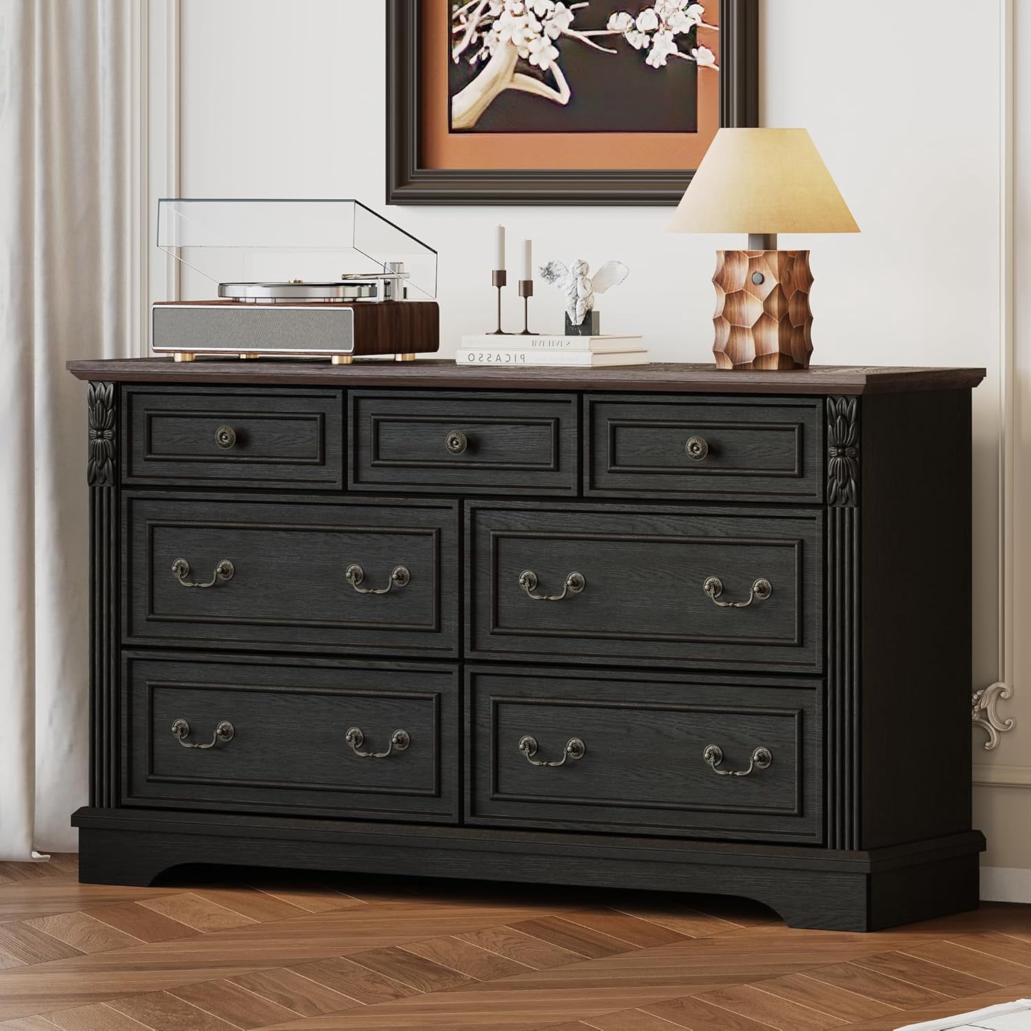 BOSHIRO 7-Drawer Dresser for Bedroom, Farmhouse Carved Wide Storage Chest Organizer with Brown Top, Black Finish BOSHIRO 7-Drawer Dresser for Bedroom, Farmhouse Carved Wide Storage Chest Organizer with Brown Top, Black Finish