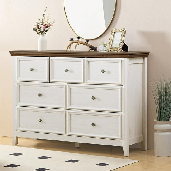 BOSHIRO 7-Drawer Modern Dresser for Bedroom, Wide Storage Chest Organizer with Antique White Body and Brown Top