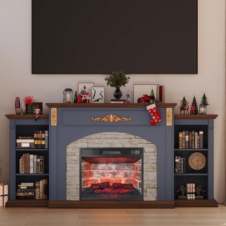 BOSHIRO 72" Blue Electric Fireplace with Mantel, TV Stand Fits 80" TVs, Stacked Stone Surround, 23" Red Brick Insert