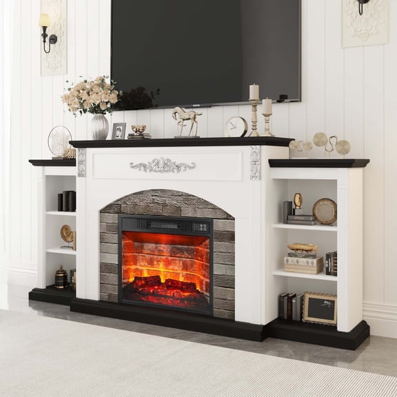 BOSHIRO 72 " Farmhouse Electric Fireplace with Mantel, White TV Stand for TVs Up to 80 Inch, Modern Entertainment Center Accent Furniture, Stacked Stone Surround, 23" Red Brick Fireplace Insert