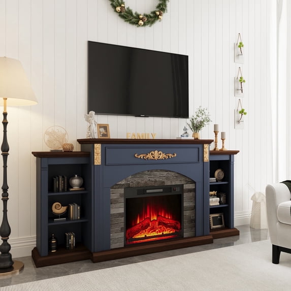 BOSHIRO 72 Inch Electric Fireplace with Mantel, TV Stand for TVs Up to 80 Inch, 23" Fireplace Insert with Remote Control, Blue