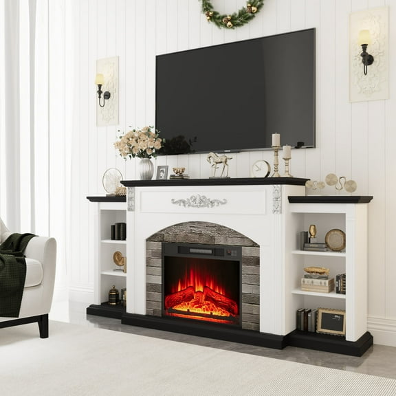 BOSHIRO 72 Inch Electric Fireplace with Mantel, White TV Stand for TVs Up to 80 Inch, Entertainment Center Accent Furniture, Stacked Stone Surround, 23" Fireplace Insert with Remote Control, White