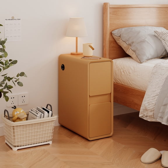 BOSHIRO 8" Narrow Faux Leather Nightstand with 2 Drawers, Fully Assembled Small Bedside Table, Modern End Table for Bedroom, Orange